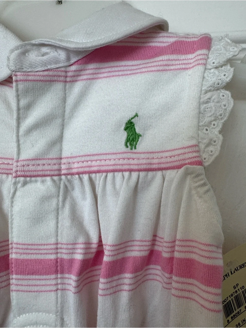 Ralph Lauren - vintage White and Pink Striped Baby Romper with Green Polo Logo